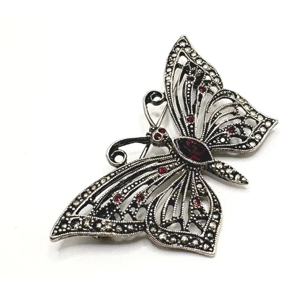 VTG Signed LIA Butterfly Brooch Pink Rhinestones Faux Marcasite Silver Tone